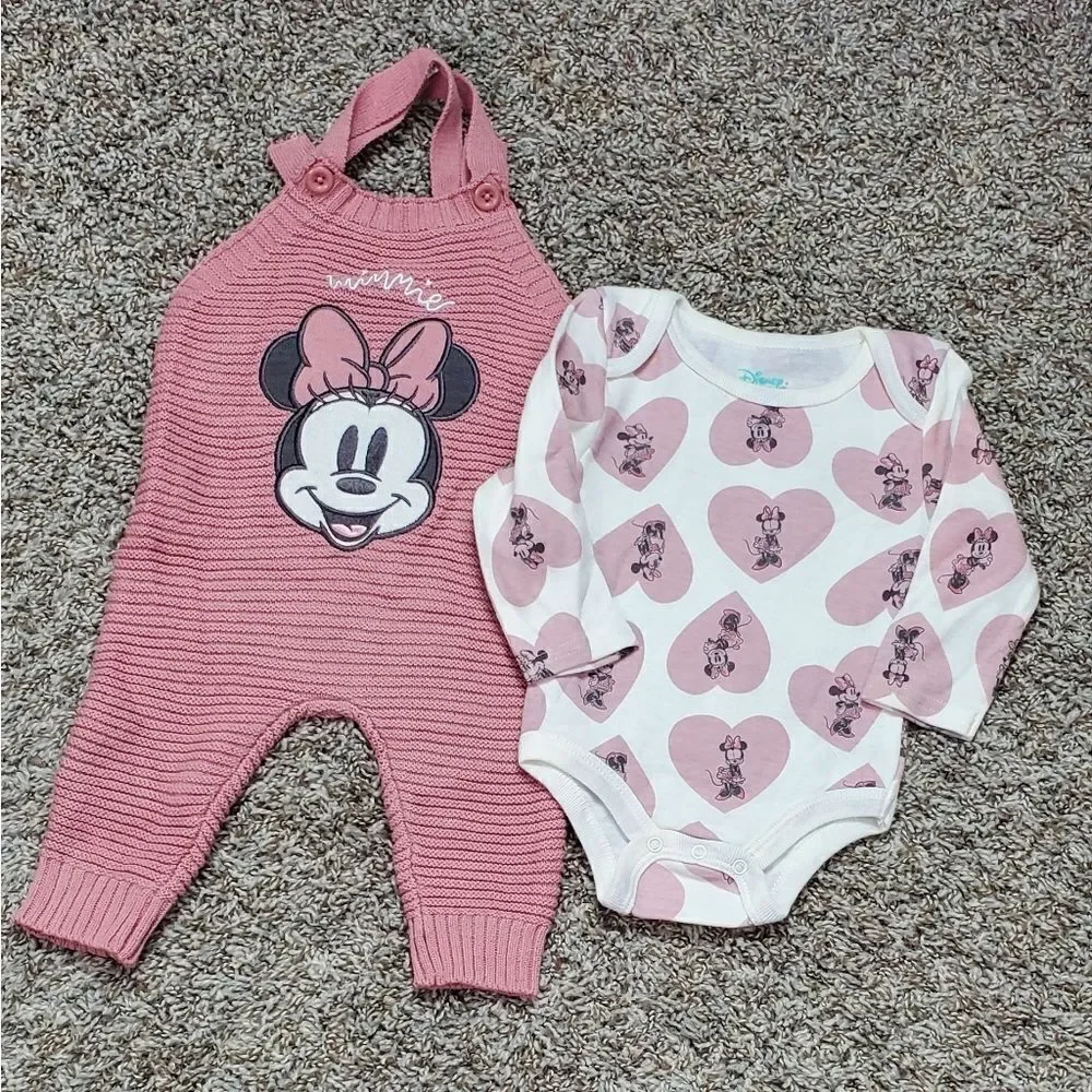 Disney Dusty Pink Knit Overalls & Matching Shirt & 3 Guess Pink Onesie's